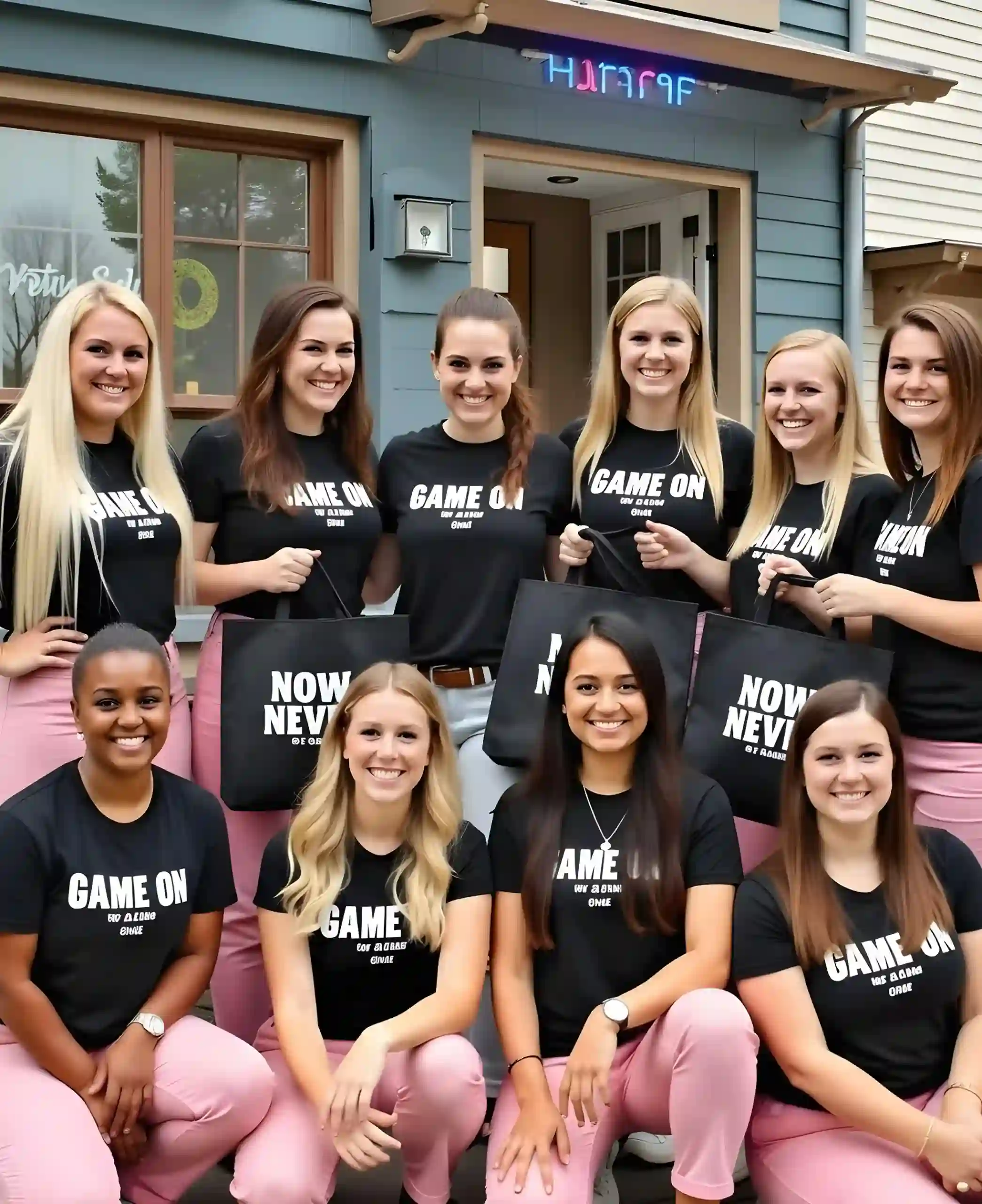 A group of ten smiling women posing outdoors in front of a building, wearing matching black "GAME ON" t-shirts and light pink trousers.