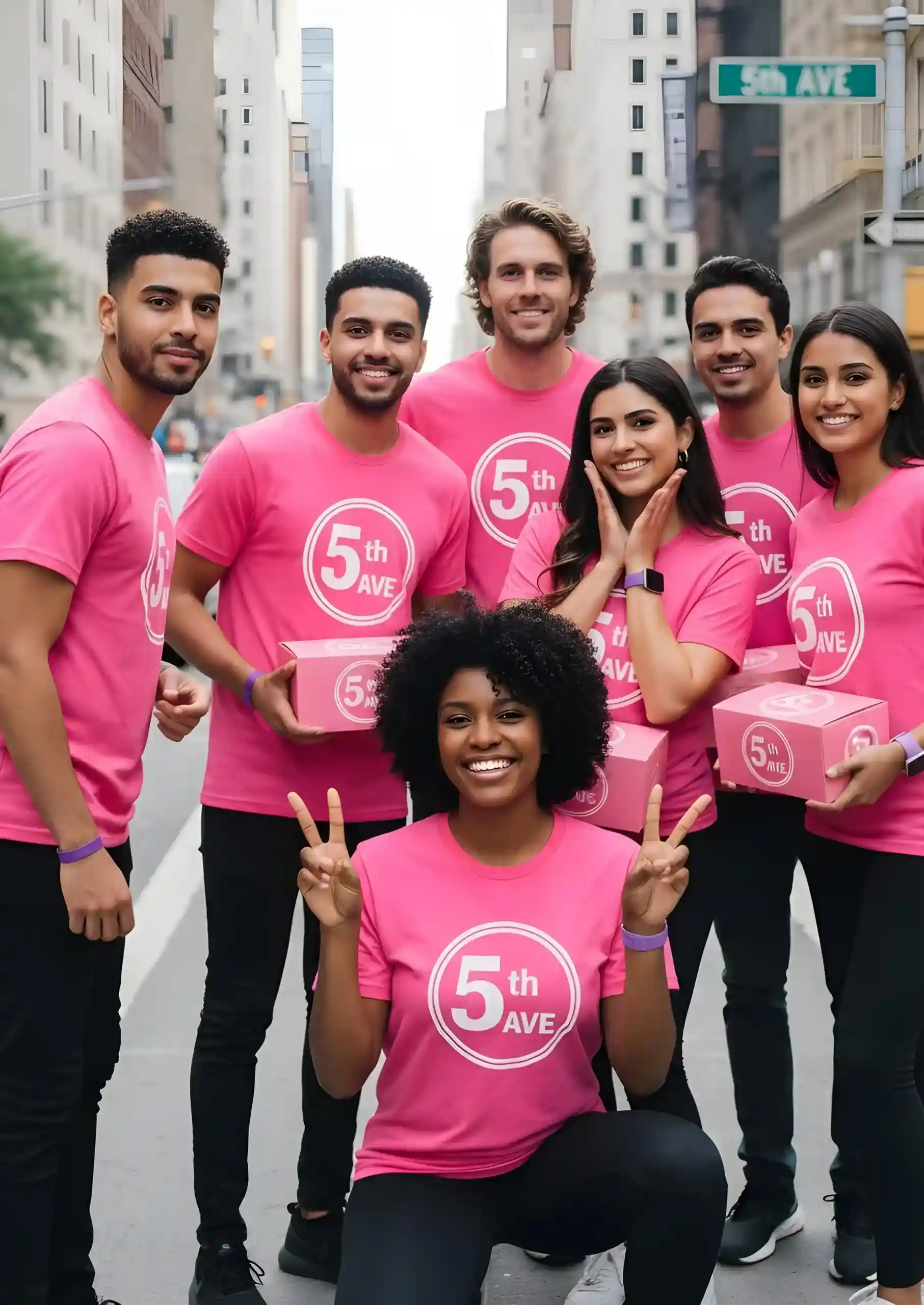 A cheerful promotional team of seven young adults wearing matching hot-pink "5th AVE" t-shirts and black pants posing outdoors on a city street.