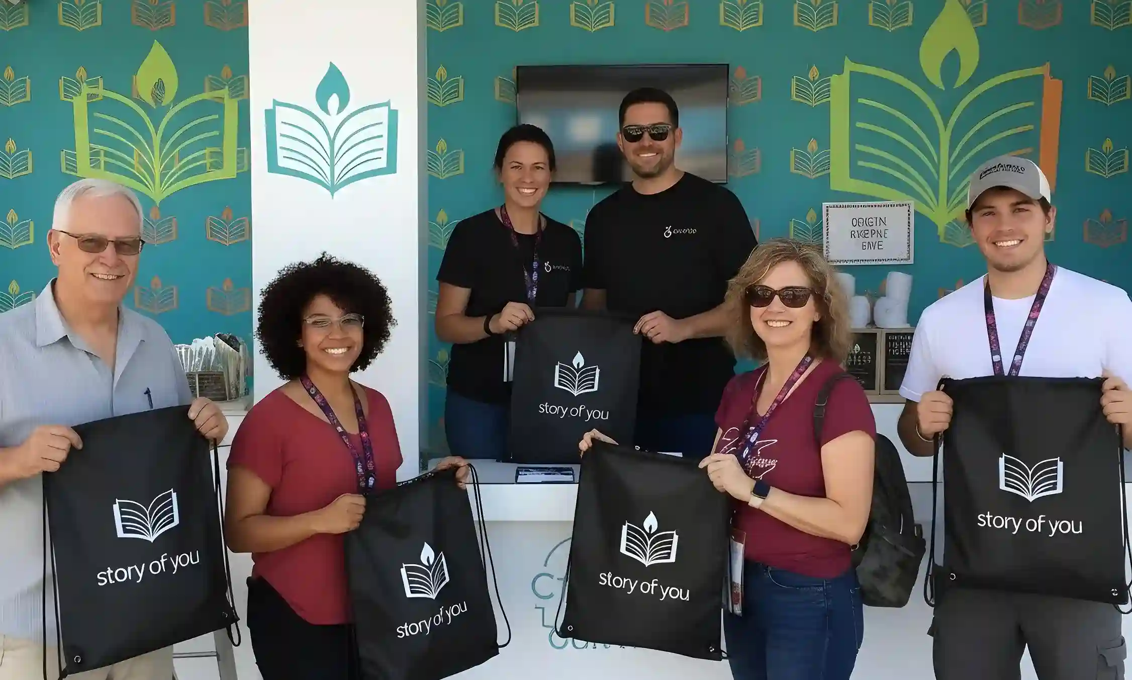 A group of six smiling people posing at an event booth while holding matching black "story of you" drawstring bags against a teal, book-patterned backdrop.