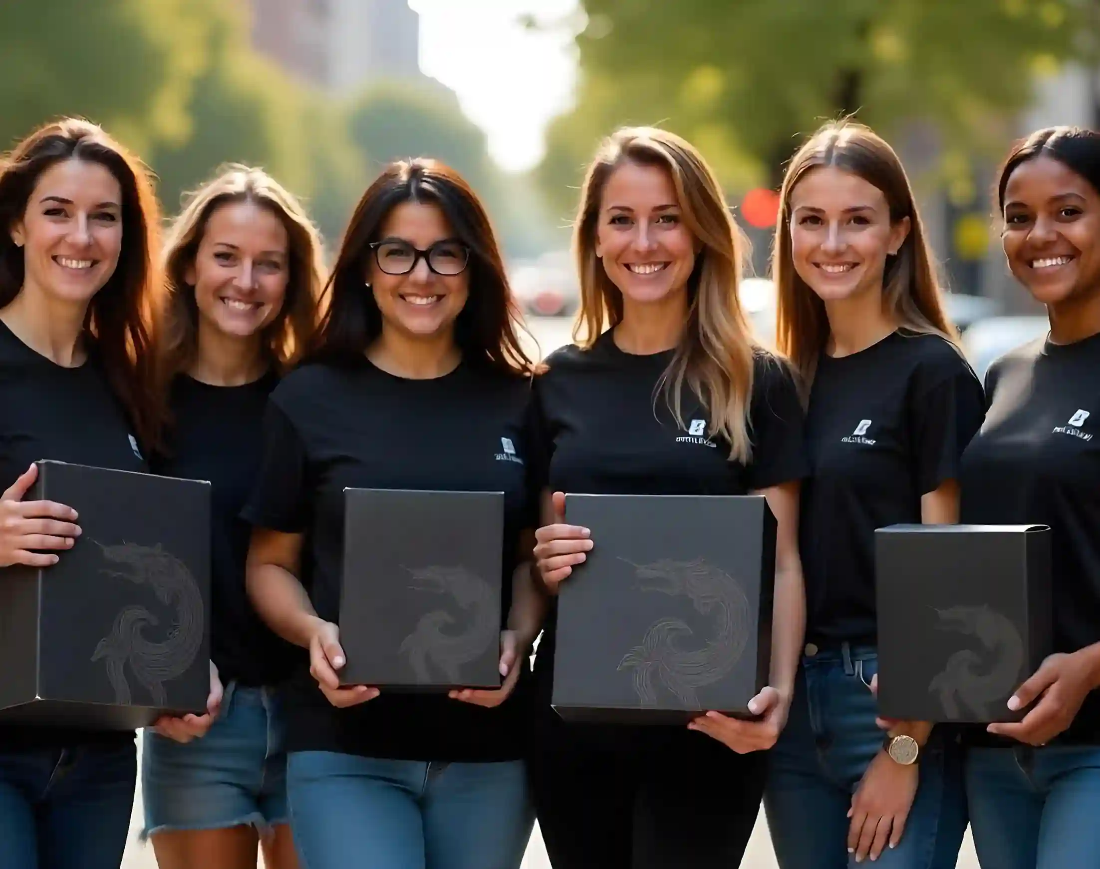 A promotional group of six smiling women wearing matching black t-shirts and holding sleek black product boxes outdoors.