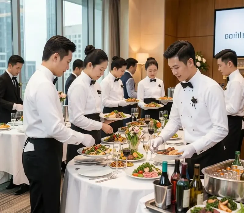 Banquet waitstaff in white dress shirts and bowties preparing and serving a lavish buffet spread at a catered event.