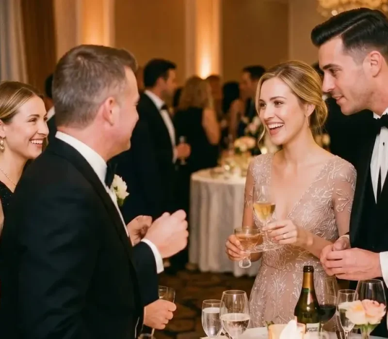 Elegantly dressed guests smiling and toasting with champagne glasses at an upscale evening gala dinner.