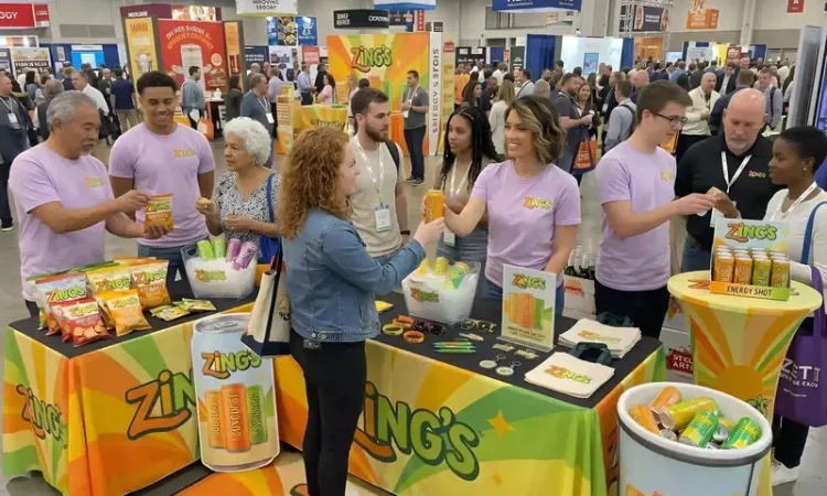 Event staff wearing matching lavender t-shirts hand out canned drinks and snack samples to attendees at a vibrant, crowded Zing's trade show booth.