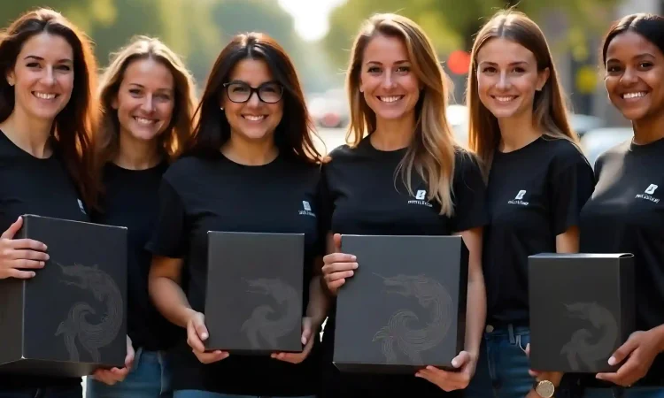 A promotional group of six smiling women wearing matching black t-shirts and holding sleek black product boxes outdoors.