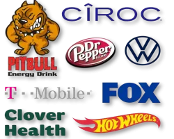 A brand collage featuring client and partner logos including Dr Pepper, Cîroc, Volkswagen, Fox, and Hot Wheels.