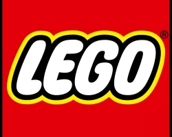 The official Lego brand logo featuring white bubble letters outlined in black and yellow inside a bright red square.